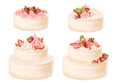 Confectionery set of objects. Pastel sponge cakes, decoration of cream, whipped cream, juicy strawberry and leaf. Pastry dessert for birthday, home parties, sweet gift. Digital isolated illustration.の写真素材