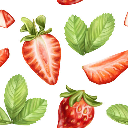 Seamless pattern with bright berries, strawberry slices and leaves. Sweet healthy dessert, cooking ingredients. Decorations for a festive table, a summer party. Hand-drawn illustrations, background.の写真素材