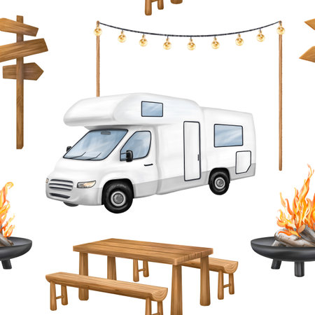 Seamless pattern with campground, wooden picnic table, white motorhome and campfire in forest among the cozy lamps. A tourist trip to nature, parks and nature reserves. Isolated illustration.の写真素材