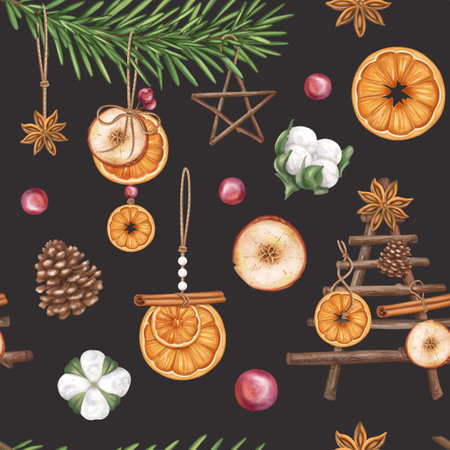 Seamless retro pattern with oranges, cones, cinnamon, spruce twigs, toys. Christmas Sustainable xmas. Organic winter decorations, recyclable material for parties, holidays. Hand drawing, background.の写真素材