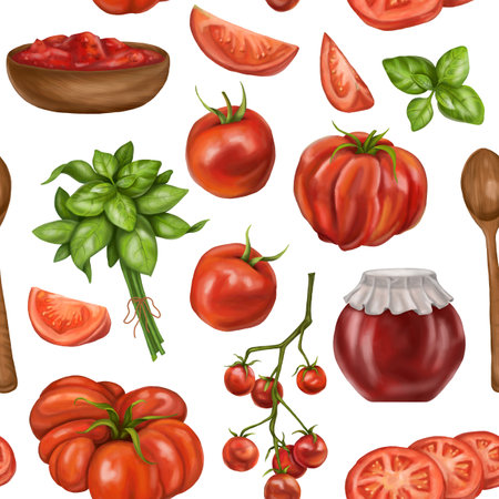 A seamless pattern with juicy red tomatoes, wooden plates with sauces. A healthy diet of vegetables and ingredients. Floral background for packaging and textiles. Digital isolated illustration.の写真素材