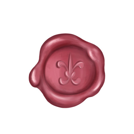 Red sealing wax seal in vintage style. For classic calligraphy letters. Antiquarian royalty signature, author's branding sign. Handmade illustration on white background.の写真素材