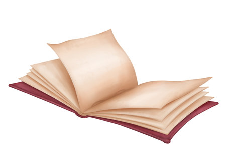 An old open empty book with a red cover with aged pages. A library and home interior item. School and university supplies, research and teaching. Handmade illustration on white background.の写真素材