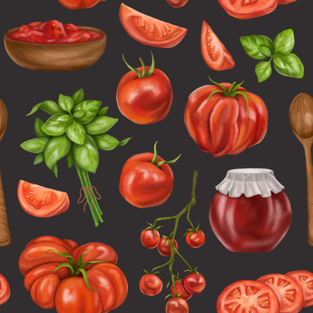 A seamless pattern with juicy red tomatoes, wooden plates with sauces. A healthy diet of vegetables and ingredients. Floral background for packaging and textiles. Digital isolated illustration.の写真素材