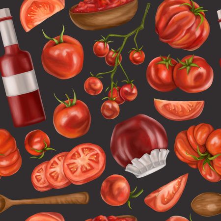 A seamless pattern with juicy red tomatoes, wooden plates with sauces. A healthy diet of vegetables and ingredients. Floral background for packaging and textiles. Digital isolated illustration.の写真素材