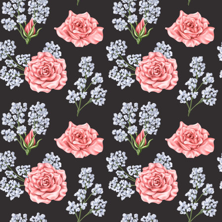 Seamless pattern of delicate blue gypsophila branches, pink roses and buds. Dried wildflowers, bouquets. Botanical motifs, decorative natural elements. Digital illustration.の写真素材