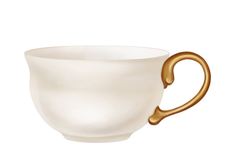Beige ceramic cup with gold decoration for saucers and tea parties. A decoration for classic study and library in vintage style, old antique design. Handmade illustration on white background.の写真素材