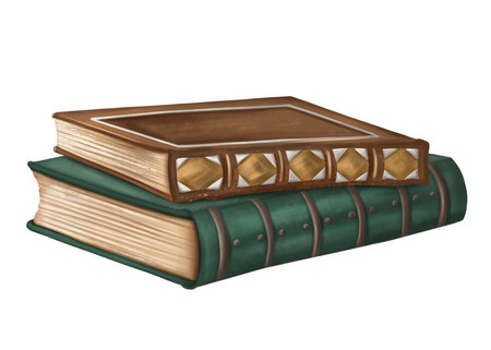 Pile of vintage antique historical books with aged pages. Decoration with gold metal in vintage gothic old victorian design. Archive, Royal library, ornament cover. Illustration on white background.の写真素材