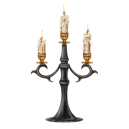 Golden and black metal candelabra with a long burning candle. Decoration in victorian gothic old victorian design. Handmade illustration on white background.の写真素材