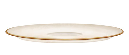 Beige ceramic saucer with gold decoration for cups and tea parties. A decoration for classic study and library in vintage style, old antique design. Handmade illustration on white background.の写真素材