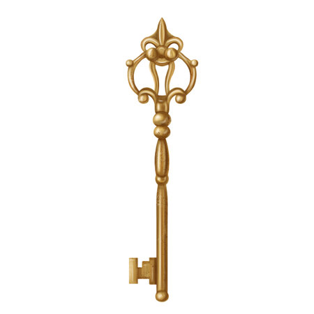 Gold metal antique shiny key for opening locks and doors. Romantic decoration in vintage style, gothic old design. Royal ornaments and jewelry. Handmade illustration on white background.の写真素材