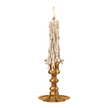 Golden metal candelabra with a long burning candle. Decoration in victorian gothic old victorian design. Handmade illustration on white background.の写真素材