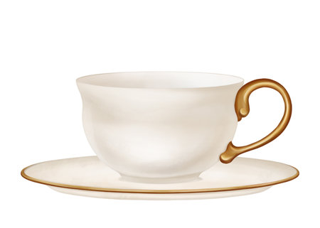 Beige ceramic cup and saucer pair with gold decoration for tea parties. A decoration for classic study and library in vintage style, old antique design. Handmade illustration on white background.の写真素材