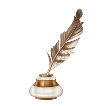 The inkwell is made of white ceramic with gold metal ornaments with a brown feather. A decoration for classic study and library in vintage style, old design. Handmade illustration on white background.の写真素材