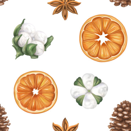 Seamless pattern with oranges, cotton, cones. Christmas, Sustainable xmas. Hand drawn organic winter handmade decorations from recyclable material for parties, holidays. Hand drawing, background.の写真素材