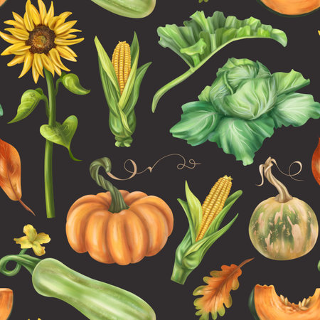 Seamless autumn harvest pattern with pumpkins, zucchini, cabbage, corn, sunflower, leaves. Farm products healthy vegetables, gardening. Hand drawing background for wrapping paper, textiles, design.の写真素材