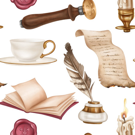 Seamless pattern with retro inkwell and writing pen, diary, stamp, tea cup, candle holder, parchment. Old schools, education, Victorian style, information and teaching, manuscripts and letters.の写真素材