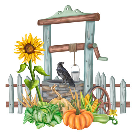Autumn garden arrangement with a garden well and a harvest of seasonal vegetables. Pumpkins, zucchini, sunflowers, cabbage, corn. Backyard decor, farm fields, vegetable garden. Isolated illustration.の写真素材
