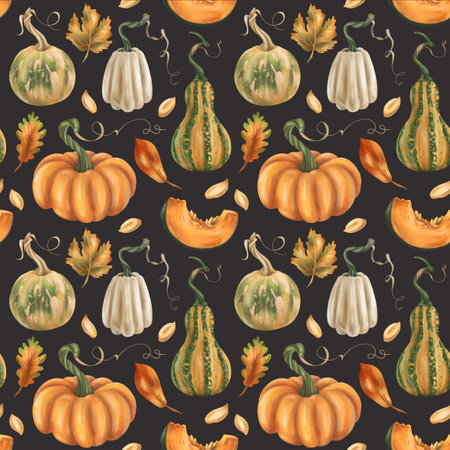 Cozy seamless autumn pattern with pumpkins, maple and oak leaves on a black background. Farm products, healthy vegetables, gardening. Hand drawing background for wrapping paper, textiles, design.の写真素材