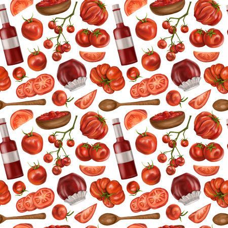A seamless pattern with juicy red tomatoes, wooden plates with sauces. A healthy diet of vegetables and ingredients. Floral background for packaging and textiles. Digital isolated illustration.の写真素材