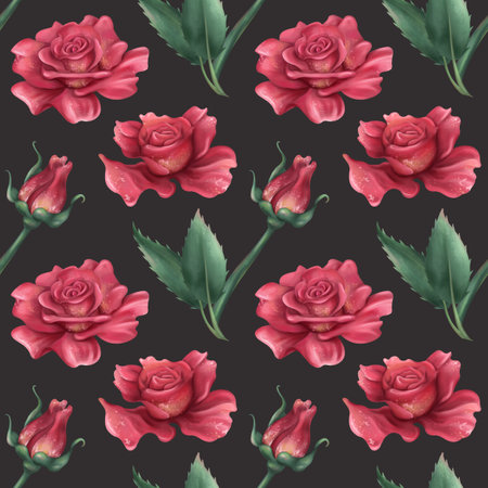 Seamless pattern with burgundy red blooming vintage roses with green petals and buds. Romance and beauty. Elegant Victorian decorations, background.の写真素材