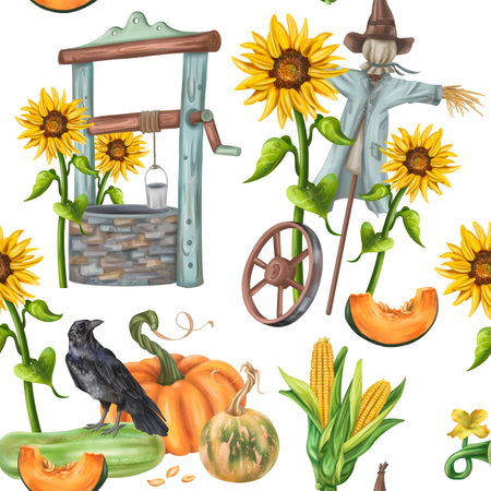 Seamless pattern of the autumn harvest with pumpkins, scarecrow, well, zucchini, corn, sunflower. Village life, nature, agronomy, agriculture. Farm products healthy vegetables gardening Backgroundの写真素材
