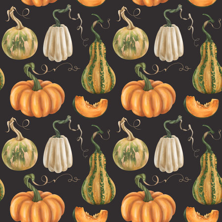 Cozy seamless autumn pattern with orange, black, green pumpkins on a black background. Farm products, healthy vegetables, gardening. Hand drawing background for wrapping paper, textiles, design.の写真素材