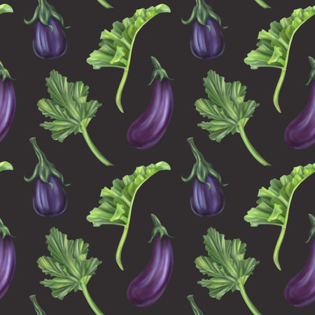 Seamless autumn harvest pattern with eggplant and leaves. Farm organic products, healthy vegetables, gardening, greens crop. Hand drawing background for wrapping paper, textiles, design.の写真素材