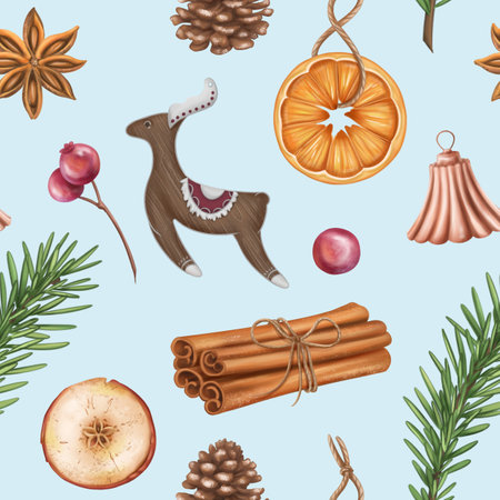 Seamless retro pattern with oranges, cones, cinnamon, spruce twigs, toys. Christmas Sustainable xmas. Organic winter decorations, recyclable material for parties, holidays. Hand drawing, backgroundの写真素材