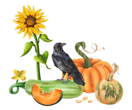 Autumn garden composition with pumpkin harvest, black raven, squash and sunflower. Healthy seasonal vegetables. Backyard decor, farm fields, garden. Autumn festival, Halloween. Isolated illustration.の写真素材