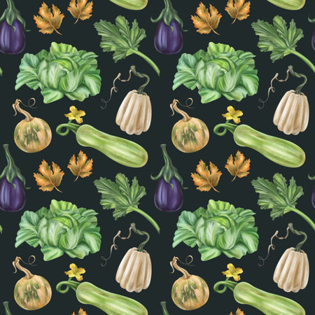 Seamless autumn harvest pattern with pumpkins, eggplant, zucchini, cabbage, maple leaves. Farm products, healthy vegetables, gardening. Hand drawing background for wrapping paper, textiles, design.の写真素材