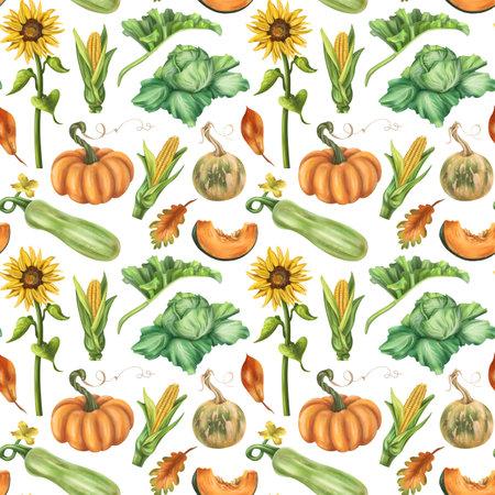 Seamless autumn harvest pattern with pumpkins, zucchini, cabbage, corn, sunflower, leaves. Farm products healthy vegetables, gardening. Hand drawing background for wrapping paper, textiles, design.の写真素材