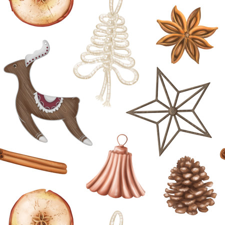 Seamless Christmas pattern made of natural organic decorations, pine branch, cone, orange, cinnamon. Sustainable Christmas celebration, winter recyclable materials. Hand drawn drawing, background.の写真素材