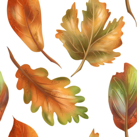 Autumn cozy seamless pattern with maple and oak yellow, red leaves on a white background. Natural motifs, forest, plants. Hand drawing background for wrapping paper, textiles, design.の写真素材