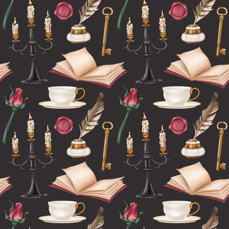 Seamless pattern with retro inkwell and writing feather, diary, teacup, rose, candle, golden key. Royal atmosphere. Old vintage decorations in classic style for interior. Office and postcard design.の写真素材