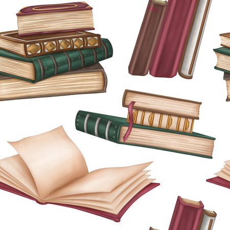 Seamless pattern with antique hardcover books decorated with metal and ornaments. Stacks of books, open empty diary, notebook. Old magic schools, education. Victorian style, information and education.の写真素材
