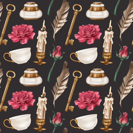 Seamless pattern with retro inkwell and writing pen, teacup, red roses, gold candle holder, key. Royal atmosphere, Gothic. Old vintage decorations in classic style. Office supplies, postcard design.の写真素材
