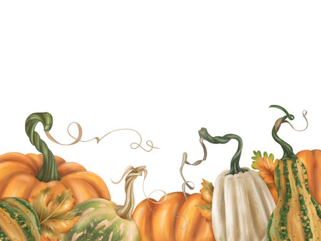 Frame of autumn harvest of ripe pumpkin. Fresh farm vegetables, healthy organic food, vegetarianism. Garden plants, agriculture, seasonal plants. Nature, agronomy rural life. Isolated illustration.の写真素材