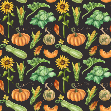 Seamless autumn harvest pattern with pumpkins, zucchini, cabbage, corn, sunflower, leaves. Farm products healthy vegetables, gardening. Hand drawing background for wrapping paper, textiles, design.の写真素材