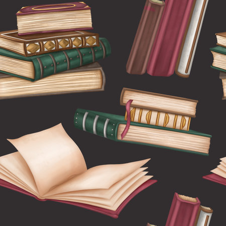 Seamless pattern with antique hardcover books decorated with metal and ornaments. Stacks of books, open empty diary, notebook. Old magic schools, education. Victorian style, information and education.の写真素材