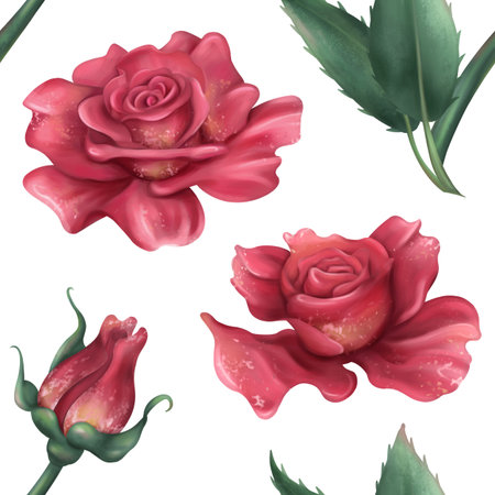 Seamless pattern with burgundy red blooming vintage roses with green petals and buds. Romance and beauty. Elegant Victorian decorations, background.の写真素材