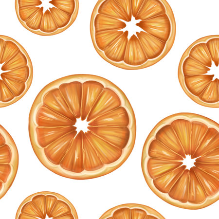 Seamless pattern with bright fruits, oranges and leaves. Sweet healthy dessert, cooking ingredients, juice. Decorations for a festive table, a summer party. Hand-drawn illustrations, background.の写真素材