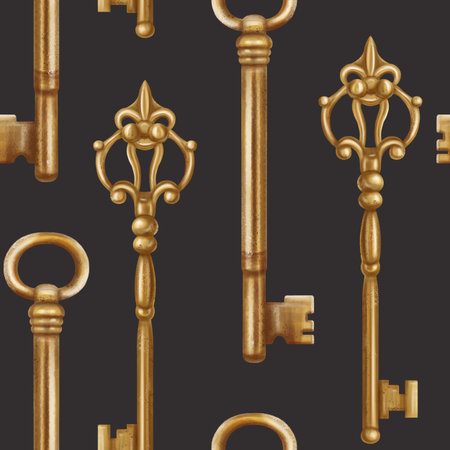 Seamless pattern with gold carved keys decorated with monograms. Retro style, royal atmosphere. Vintage decorations for doors and locks, Gothic, Victorian and classical styles.の写真素材