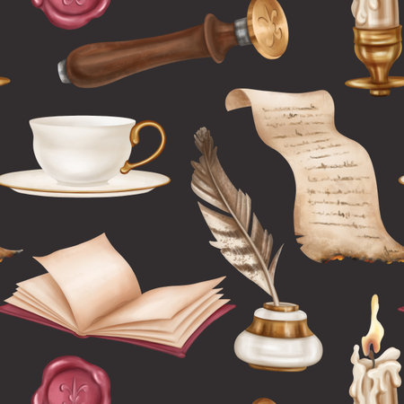 Seamless pattern with retro inkwell and writing pen, diary, stamp, tea cup, candle holder, parchment. Old schools, education, Victorian style, information and teaching, manuscripts and letters.の写真素材