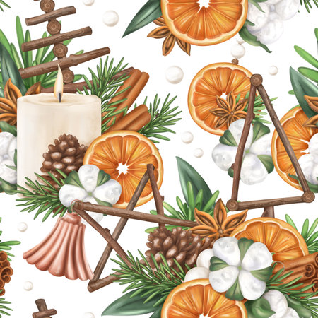 Seamless Christmas pattern made of natural organic decorations, pine branch, cone, orange, candle, bell. Sustainable Christmas celebration, winter recyclable materials. Hand drawn drawing, background.の写真素材