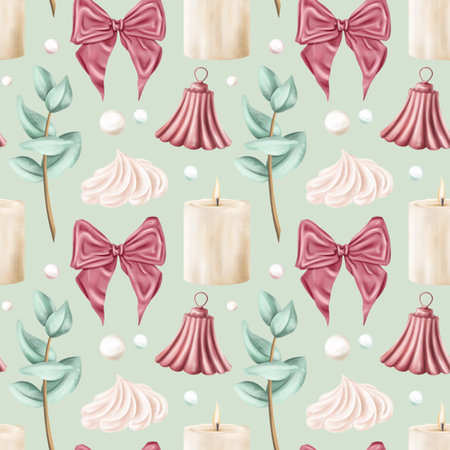Seamless pattern of vintage pastel bow, bell, candle, eucalyptus, cream. Romantic beautiful digital illustration, repeating background. Natural decoration, invitations design, date, greeting card.の写真素材