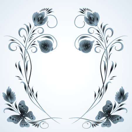 Blue floral frame with floral elements and butterfliesのイラスト素材