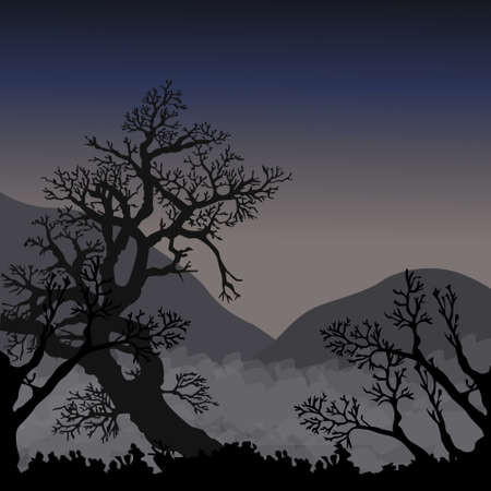 Silhouettes of trees and hills in mist in twilightsのイラスト素材