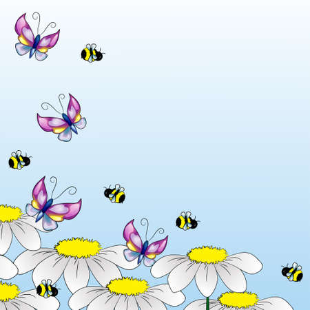Background with cute butterflies, bees and chamomilesのイラスト素材