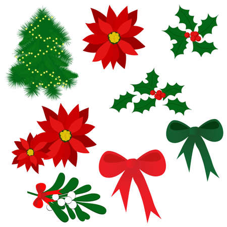 Set of isolated Christmas elements for design (holly berry, mistletoe, poinsettia, tree, bows)のイラスト素材